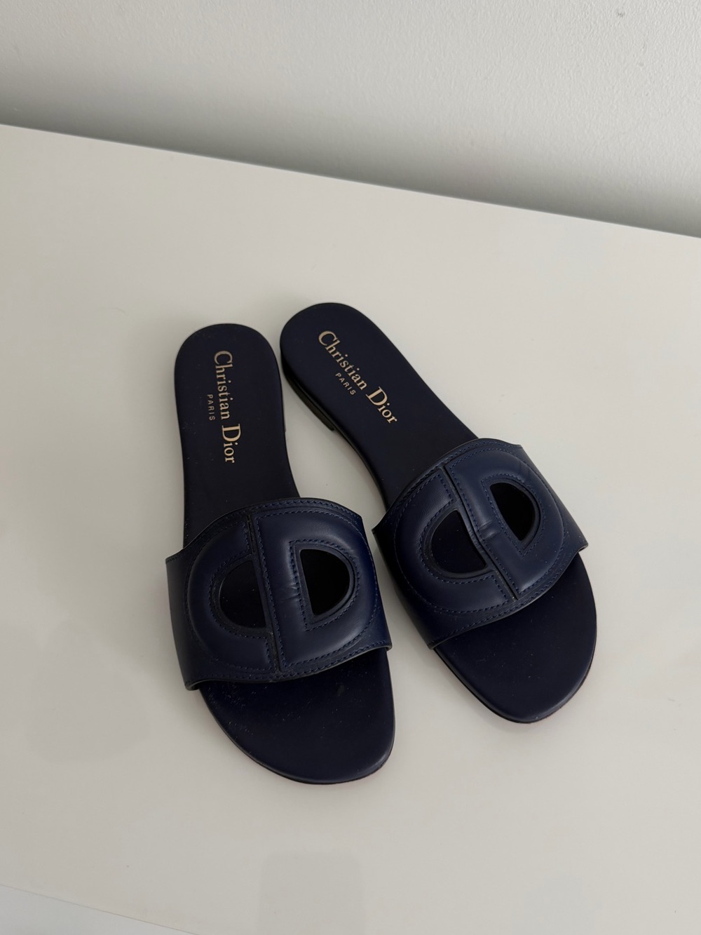 Dior Navy Leather Slide Mules with Cutout Logo